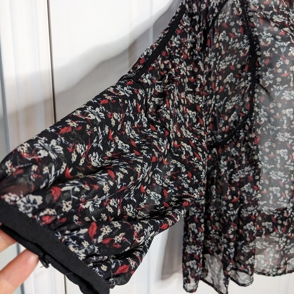 Zara Floral Print Peasant Blouse Balloon Sleeves black Large @A7 - Picture 7 of 9